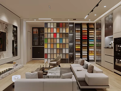 Modern Living Room Interior Design With Colorful Bookshelf Wall Sofa And Coffee Table 3d model
