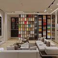 Modern Living Room Interior Design With Colorful Bookshelf Wall Sofa And Coffee Table