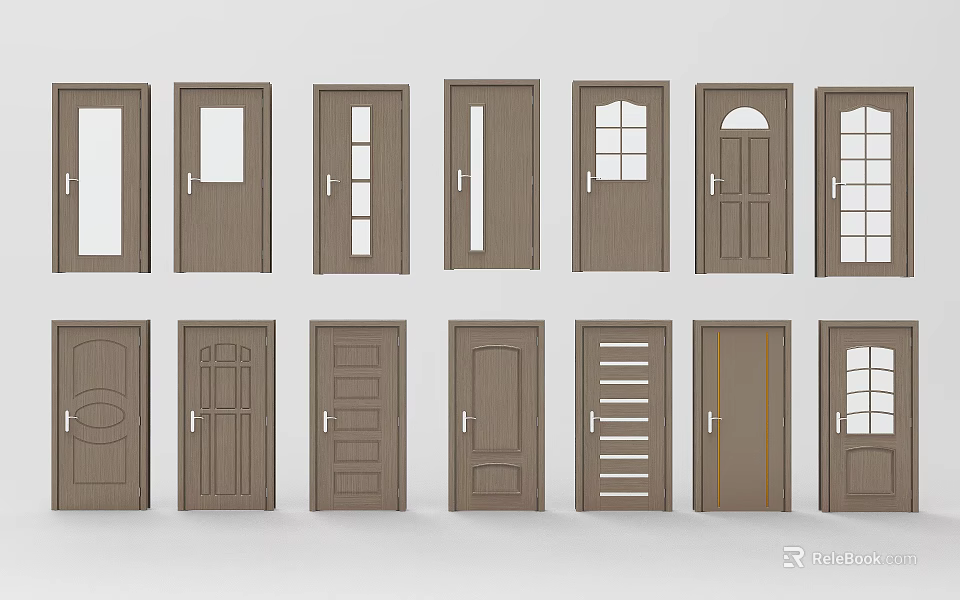 Various Wooden Hinged Doors With Glass Panels And Different Styles 3d model