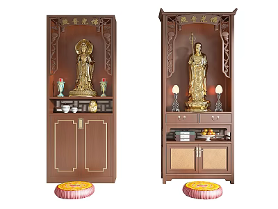 Brown Wooden Buddhist Shrine Cabinet With Gold Buddha Statues Lamps Drawers And Red Gold Mats 3d model