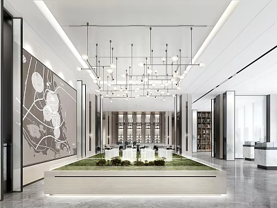 Modern Sales Office Lobby With Chandeliers Green Plants Decorative Paintings And Large Windows 3d model