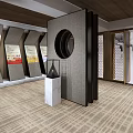 Modern Exhibition Display with Multiple Boards on White Marble Pedestals Against Wood Grain Wall