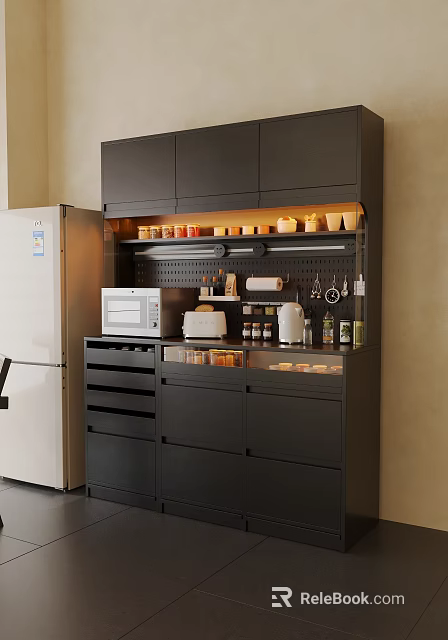 Black Sideboard With Appliances Open Shelf Glass Door Cabinet And Warm Light 3d model 