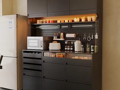Black Sideboard With Appliances Open Shelf Glass Door Cabinet And Warm Light 3d model