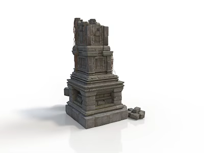 Modern Exhibition Space Showcasing Ancient Stone Pagoda 3D Model With Scattered Blocks 3d model