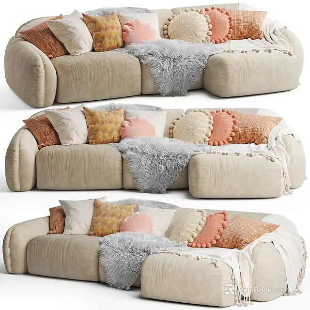 Sectional Sofa with Soft Beige Upholstery Colorful Pillows Fluffy Fur Blanket for Cozy Living Room 3d model 