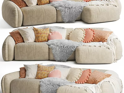 Sectional Sofa with Soft Beige Upholstery Colorful Pillows Fluffy Fur Blanket for Cozy Living Room 3d model