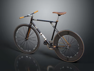 Vintage Style Bicycle With Black Frame Brown Leather Seat Orange Handlebars And Spoked Wheels 3d model