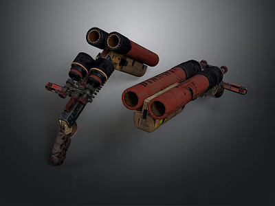 Two Red Mechanical Devices with Pipes Wheels and Industrial Structure 3d model