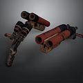 Two Red Mechanical Devices with Pipes Wheels and Industrial Structure