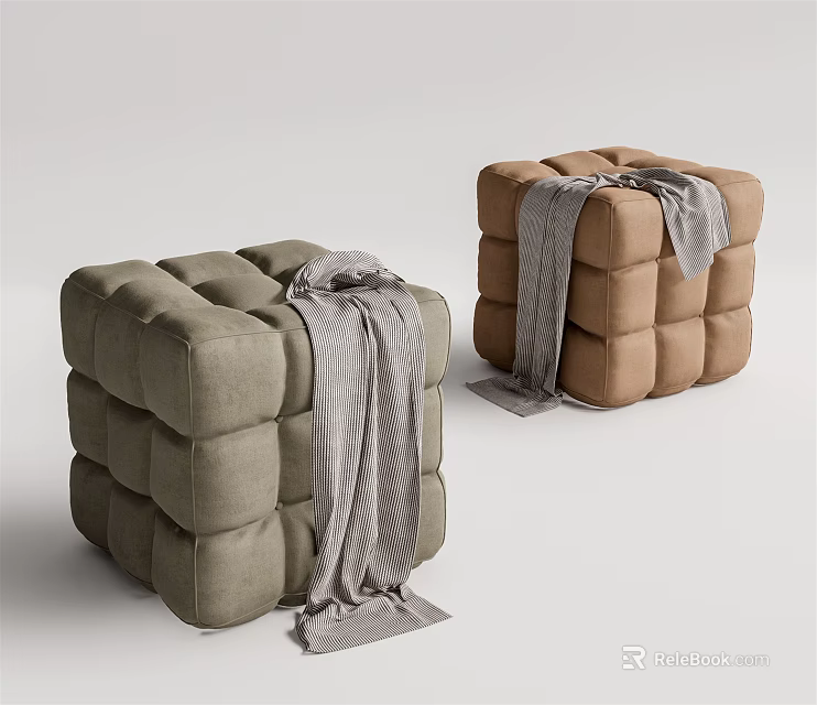 Green and Brown Square Tufted Ottoman With Gray Blanket on White Background 3d model 