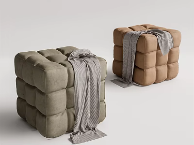 Green and Brown Square Tufted Ottoman With Gray Blanket on White Background 3d model