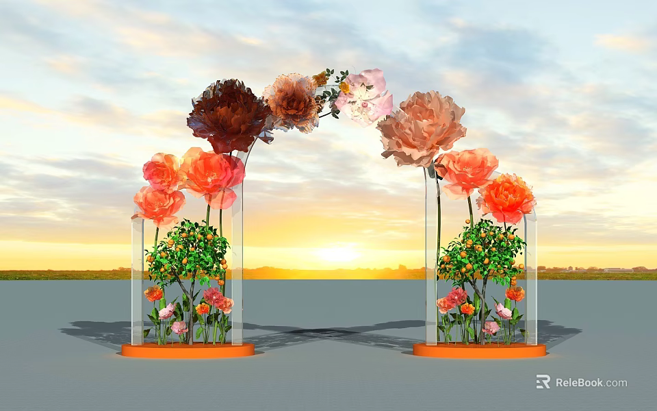Floral Event Entrance Arch With Colorful Flowers Side Pillars Green Plants And Sunset Background 3d model 