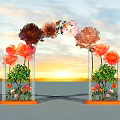 Floral Event Entrance Arch With Colorful Flowers Side Pillars Green Plants And Sunset Background