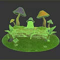 Cute Frog Sitting on Wooden Log Surrounded by Colorful Mushrooms Green Grass and Leaves