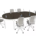 Modern Oval Wooden Conference Table With White Rolling Office Chairs Featuring Microphones And Water Bottles