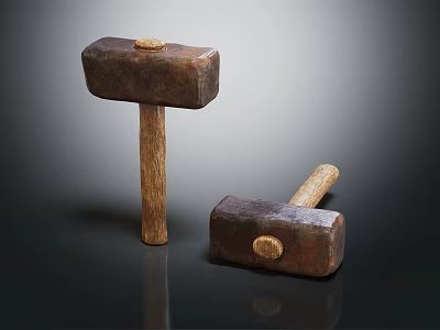 Vintage Metal Head Hammers With Wooden Handles As Essential Hardware Tools 3d model