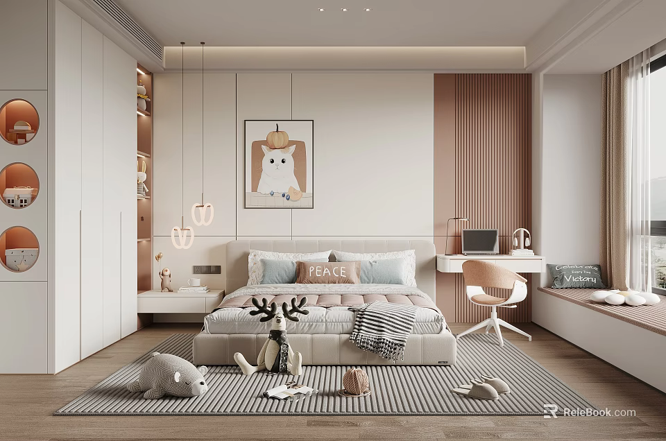 Cozy Modern Kids Room Interior With Bed Desk Chair Striped Rug And Cat Wall Art 3d model 