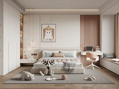 Cozy Modern Kids Room Interior With Bed Desk Chair Striped Rug And Cat Wall Art 3d model