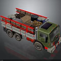 Green Truck with Red Railings in Cargo Bed Loaded with Oil Drums and Wooden Crates 3d model