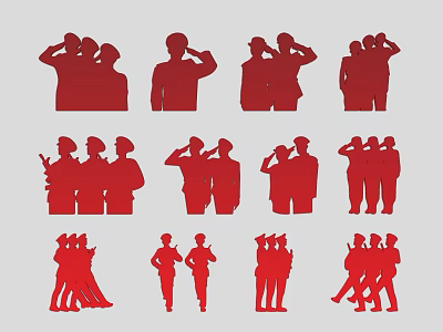 Multiple People Silhouettes in Red and Gray with Various Standing Saluting Poses 3d model