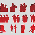 Multiple People Silhouettes in Red and Gray with Various Standing Saluting Poses