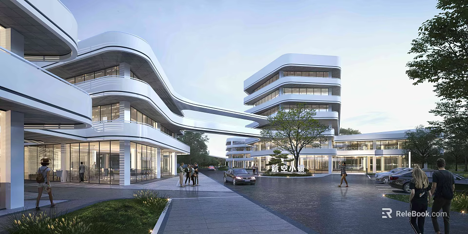 Modern Office Building Featuring Streamlined Design Glass Facade Sky Bridge And Landscaped Surroundings With Pedestrians 3d model 