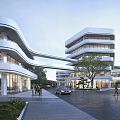 Modern Office Building Featuring Streamlined Design Glass Facade Sky Bridge And Landscaped Surroundings With Pedestrians