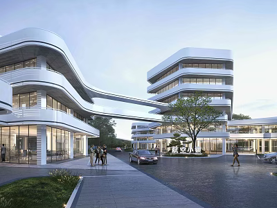 Modern Office Building Featuring Streamlined Design Glass Facade Sky Bridge And Landscaped Surroundings With Pedestrians 3d model