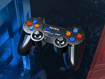 Forev Game Controller With Colorful Buttons Tech Circuit Background Entertainment Device 3d model