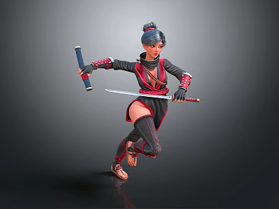 Woman in red black outfit holding two swords with dark hair in dynamic fighting stance 3d model