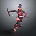 Woman in red black outfit holding two swords with dark hair in dynamic fighting stance