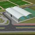 Modern Indoor Sports Fitness Gymnasium With Green Floor Curved Roof And Spectator Seats