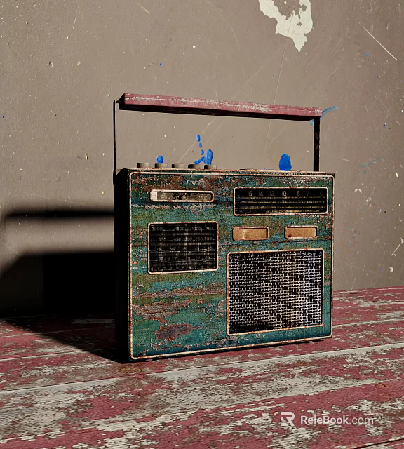 Retro Vintage Radio With Chipped Green Blue Paint And Red Handle On Wooden Surface 3d model 
