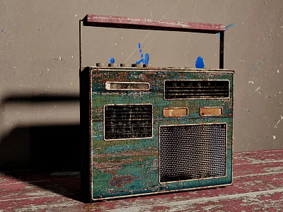 Retro Vintage Radio With Chipped Green Blue Paint And Red Handle On Wooden Surface 3d model