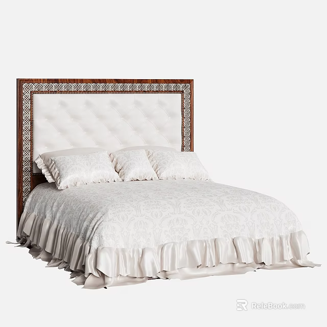 Elegant Double Bed With Wooden Frame Upholstered Headboard And Patterned Ruffle Bedspread With Soft Pillows 3d model