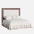 Elegant Double Bed With Wooden Frame Upholstered Headboard And Patterned Ruffle Bedspread With Soft Pillows 3d model
