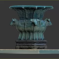 Turquoise Square Bronze Vessel With Sheep Head Decorations On Wooden Base
