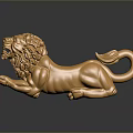 Golden Lion Statue With Detailed Mane And Shiny Surface Lying On Reflective Base