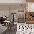 Modern Café Interior With Tables Chairs Hanging Lights Plants And Black White Patterned Floor