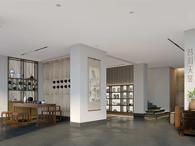 Chinese Style Store Interior With Display Cabinets Tea Sets Tables Chairs And Decorative Paintings 3d model