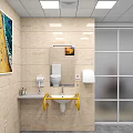 Public Restroom Interior With Tiled Walls Mirror Toilet Sink Yellow Grab Bars And Glass Partition