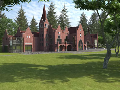 Exquisite European style Architecture with Red Brick Structure Green Lawn and Tall Trees Surroundings 3d model