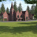 Exquisite European style Architecture with Red Brick Structure Green Lawn and Tall Trees Surroundings