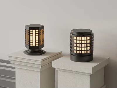 Outdoor Lights With Square And Cylindrical Design Lattice Pattern And Warm Illumination 3d model