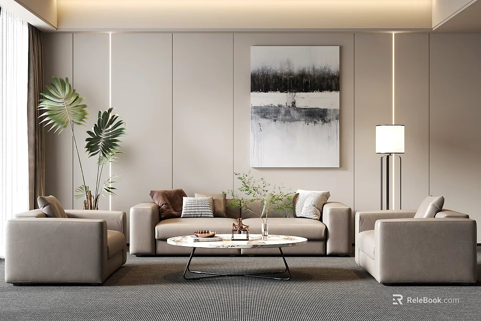 Modern Sofa Coffee Table Combination With Beige Sofas Round Coffee Table And Green Plants 3d model 