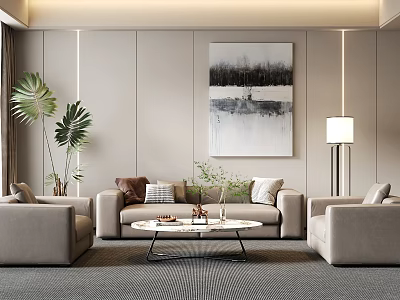 Modern Sofa Coffee Table Combination With Beige Sofas Round Coffee Table And Green Plants 3d model
