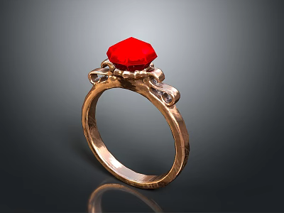 Elegant Gold Ring With Red Gemstone And Decorative Metal Details 3d model