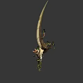 Unique Fantasy Weapon Featuring Tree Branches Animal Skull Green Leaves Glowing Lights And Blue Background