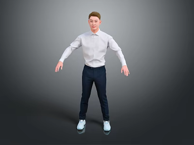 Man In White Shirt And Dark Pants Standing With Arms Outstretched Against Gray Background 3d model